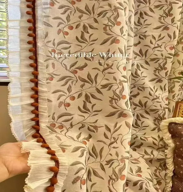 Оптовые прозрачные шторы с ботаническим принтом – винтажный цветочный узор с помпонами для зимнего дома в стиле рустик