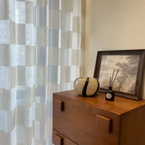 Wholesale beige & grey checkered sheer curtains - retro-modern window screen