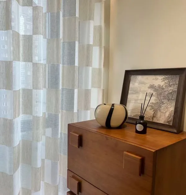 Wholesale beige & grey checkered sheer curtains - retro-modern window screen