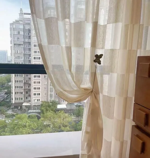 Wholesale beige & grey checkered sheer curtains - retro-modern window screen