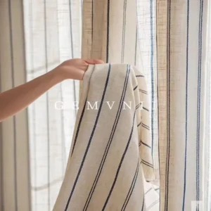 Beige Striped Ruffled Sheer Curtain – Farmhouse Style Light-Filtering Window Treatment for Rustic Home Decor