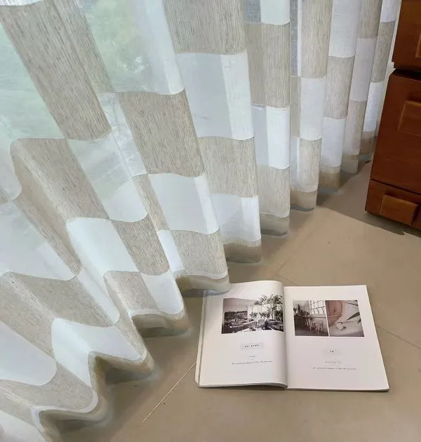 Wholesale beige & grey checkered sheer curtains - retro-modern window screen