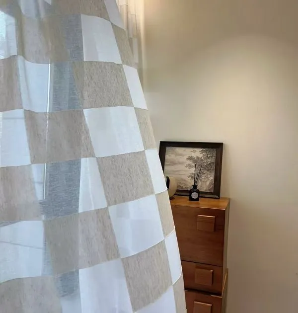 Wholesale beige & grey checkered sheer curtains - retro-modern window screen