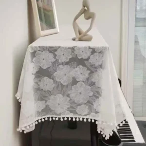 Wholesale floral lace sheer tablecloth with pom poms - elegant window screen fabric