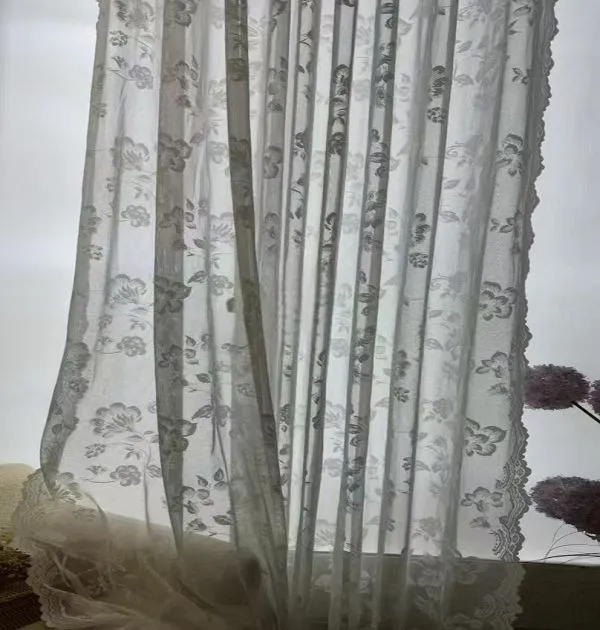 Wholesale white floral lace sheer curtains - scalloped edge light-filtering window screen