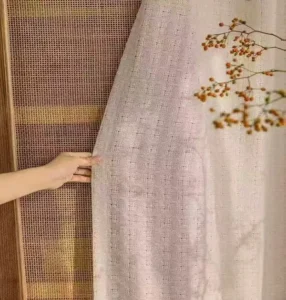 Wholesale beige woven moon sheer curtain – linen-like voile for Japandi home,Keqiao factory bulk sheer curtains production line