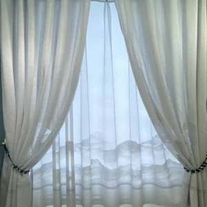 double layer sheer curtains wholesale beige with mountain pattern inner layer for bedroom windows