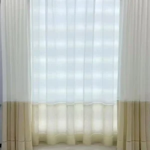 Cream double-layer sheer curtains (600g outer, 350g inner) with textured hem, cozy for bedroom