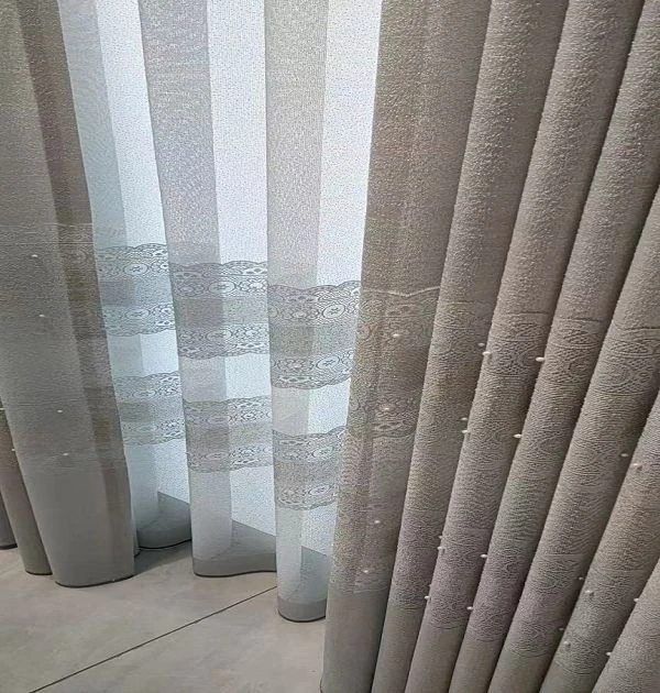 Rideaux transparents gris double épaisseur (600 g à l'extérieur, 350 g à l'intérieur) avec motif en dentelle, filtrant la lumière, pour salon