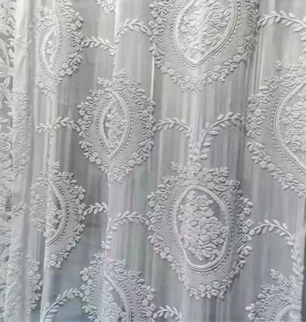 White double-layer sheer curtains (600g outer, 350g inner) with intricate floral embroidery, light-filtering for elegant living rooms