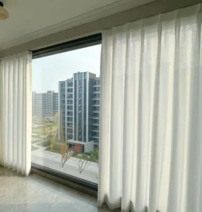 Hand touching premium textured faux linen sheer textile, direct from China factory
